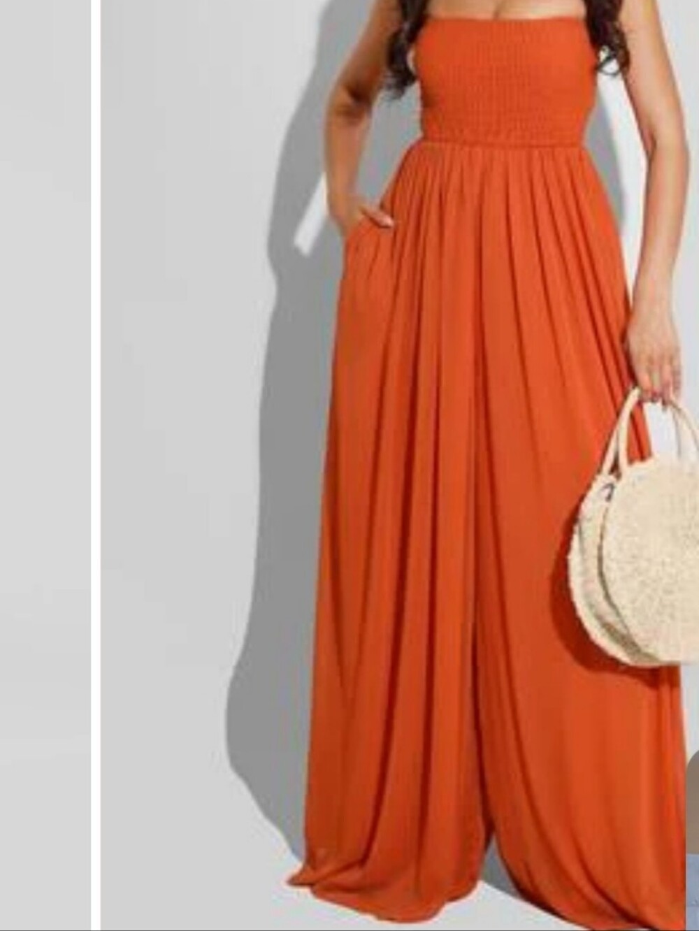 Angie Large Wide Leg  Jumpsuit  Orange Red Smocked Jumpsuit With Pockets